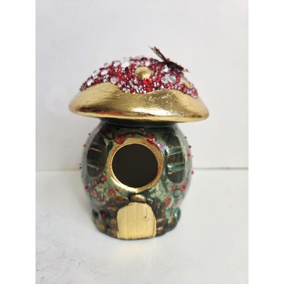 Hand Painted Folk Mushroom Fairy Garden Bling Rose Flowers Ceramic Bird House - Picture 2 of 8